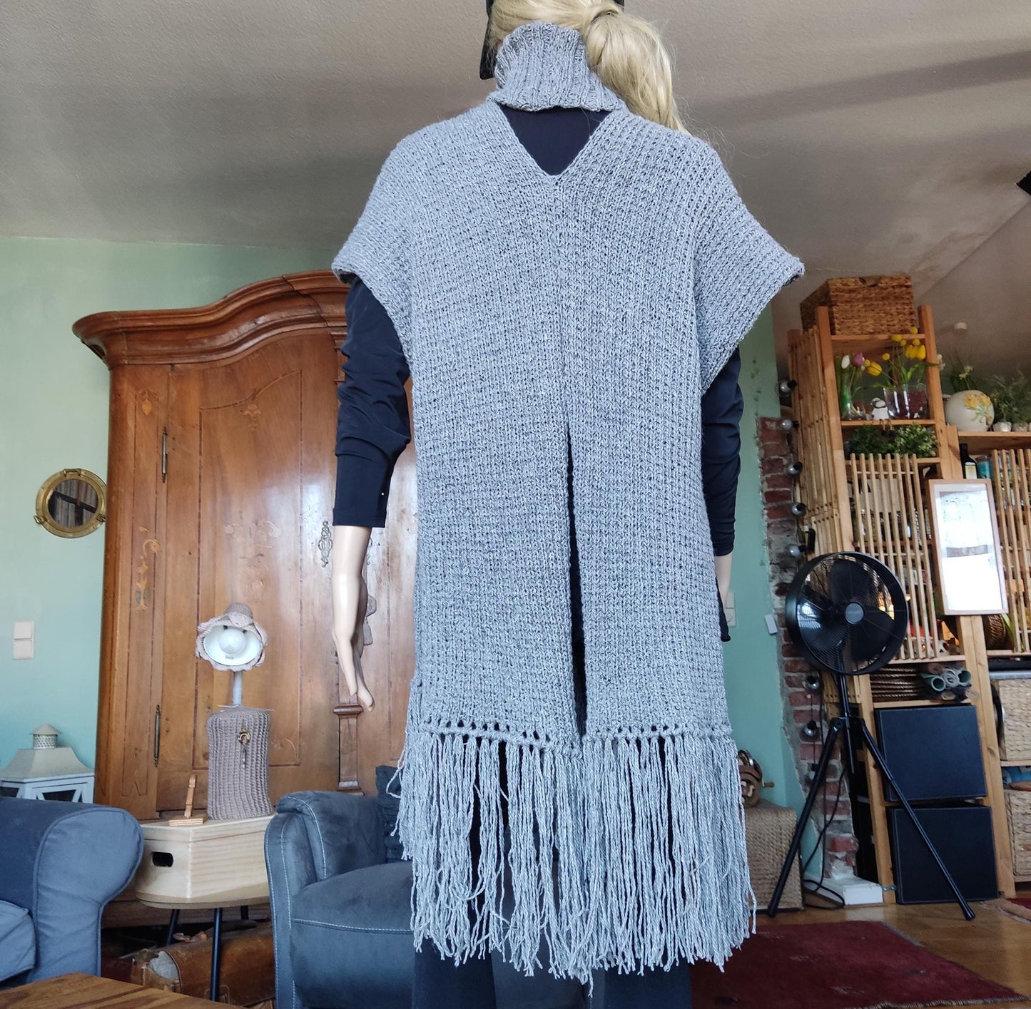 Gray Merino Wool Poncho with Fringe - Knitted Turtleneck Vest