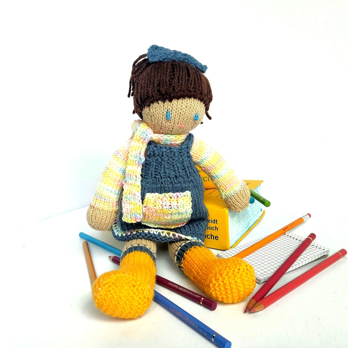 Crochet School Girl Doll: Brown Hair, Handmade Plush Toy