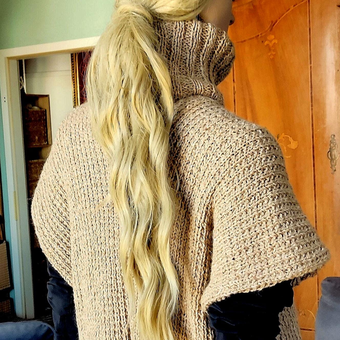 Beige Merino Wool Poncho with Fringe - Knitted Turtleneck Vest