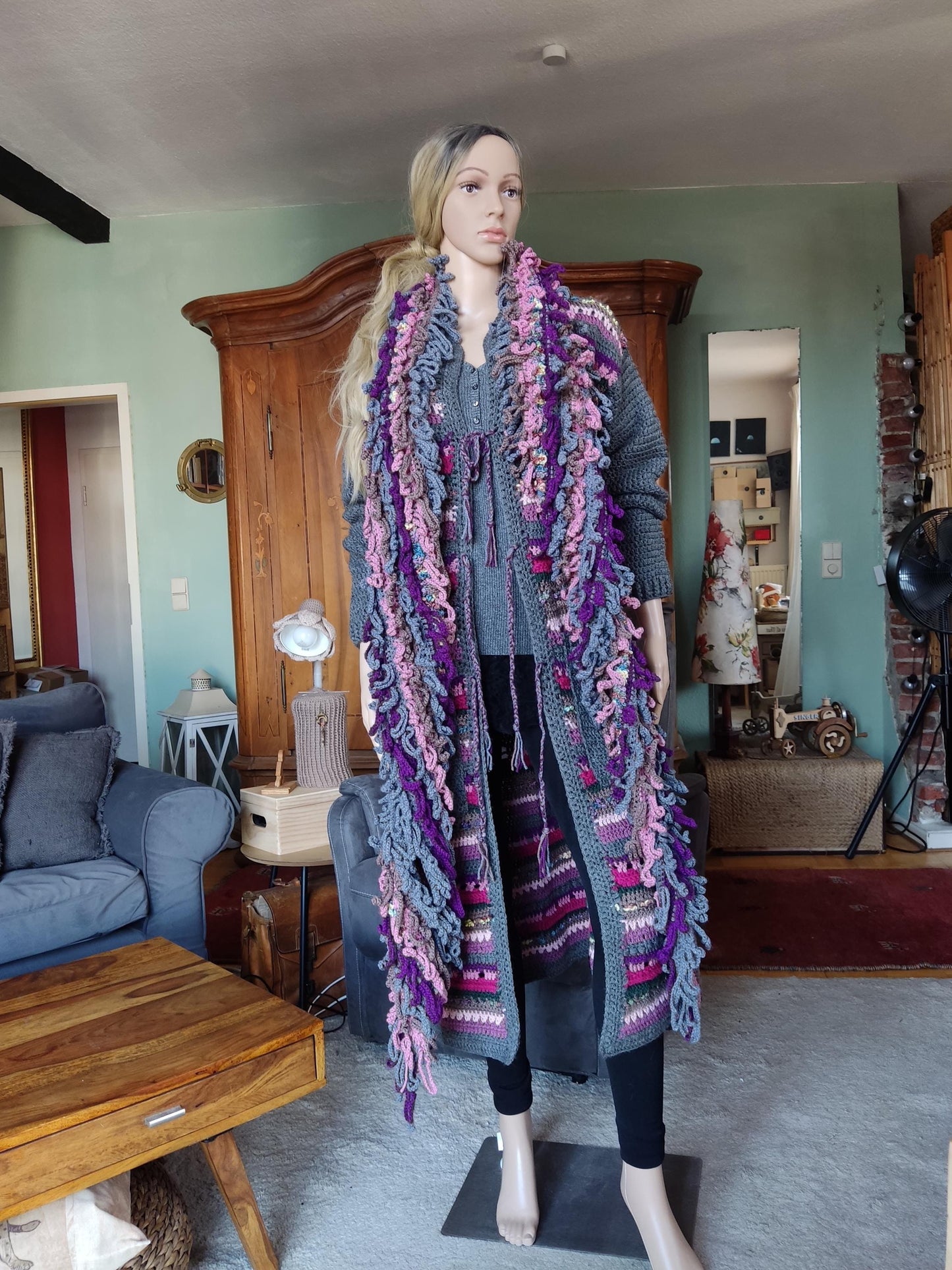 Crochet Duster Cardigan - Gray Purple Pink Striped Long Jacket