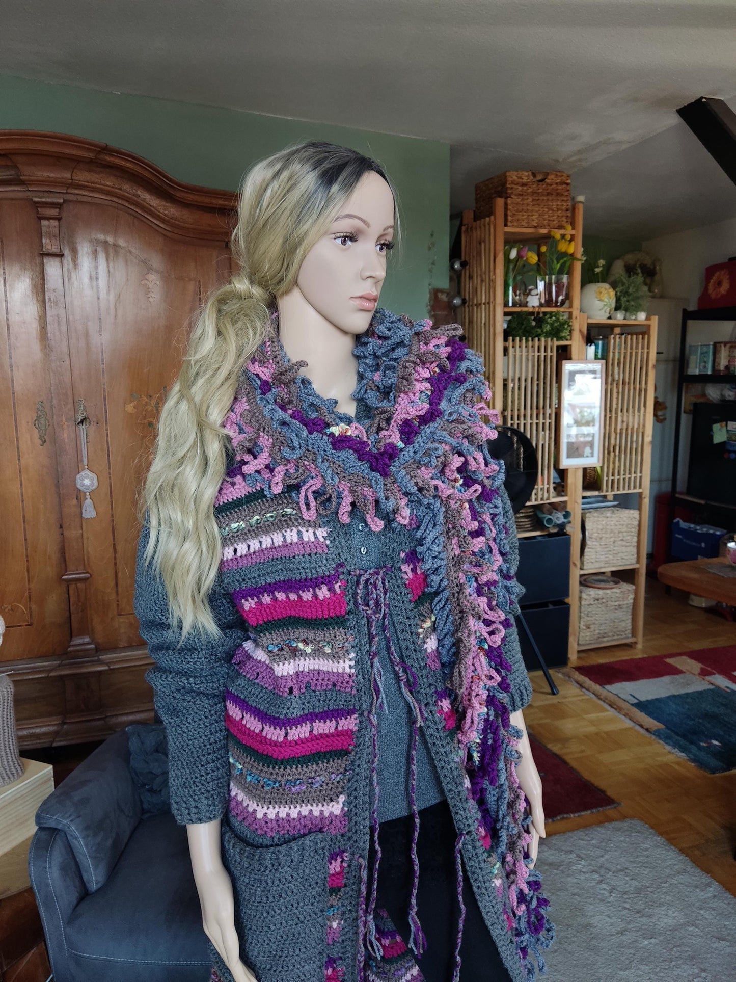 Crochet Duster Cardigan - Gray Purple Pink Striped Long Jacket