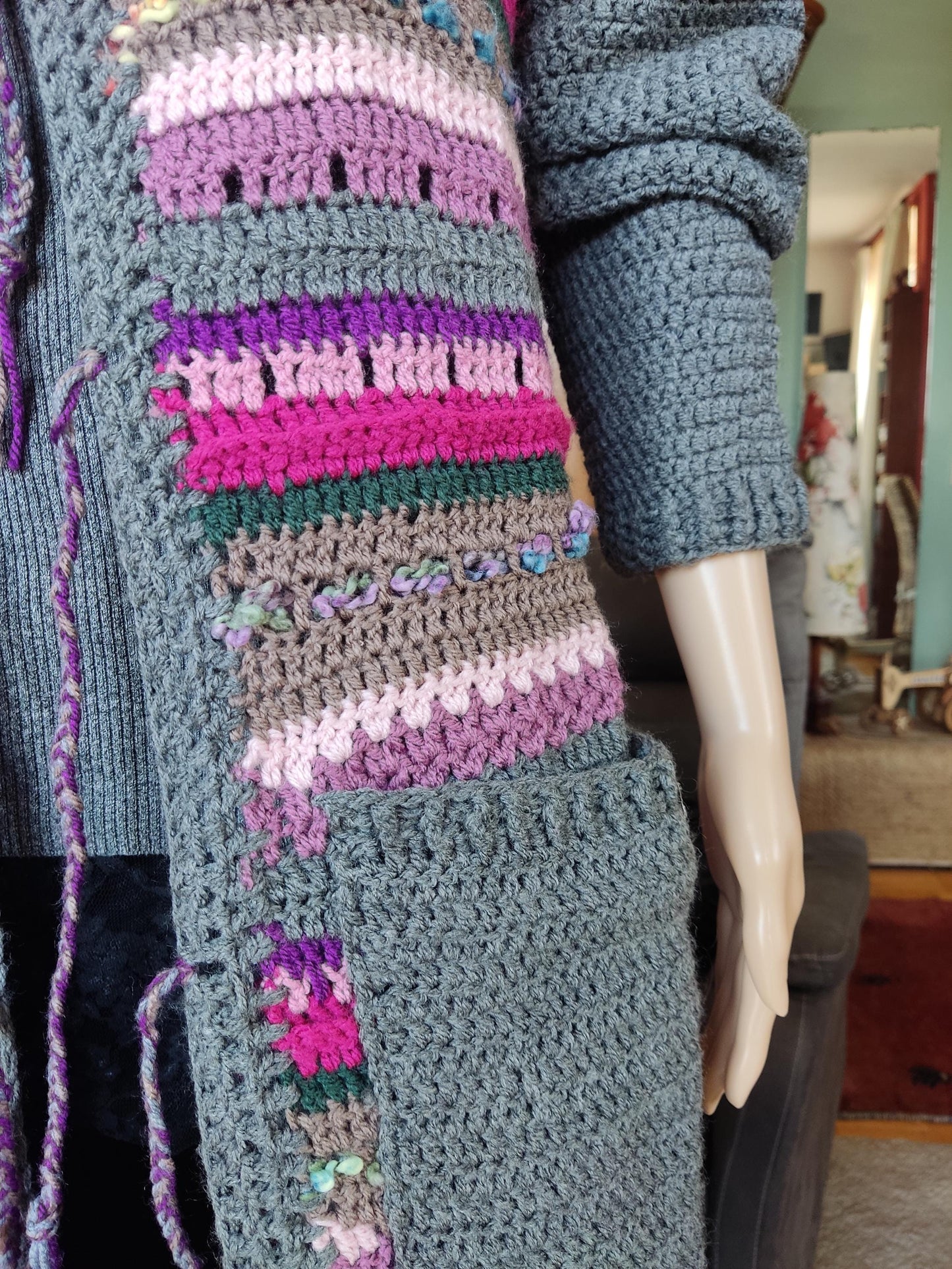 Crochet Duster Cardigan - Gray Purple Pink Striped Long Jacket