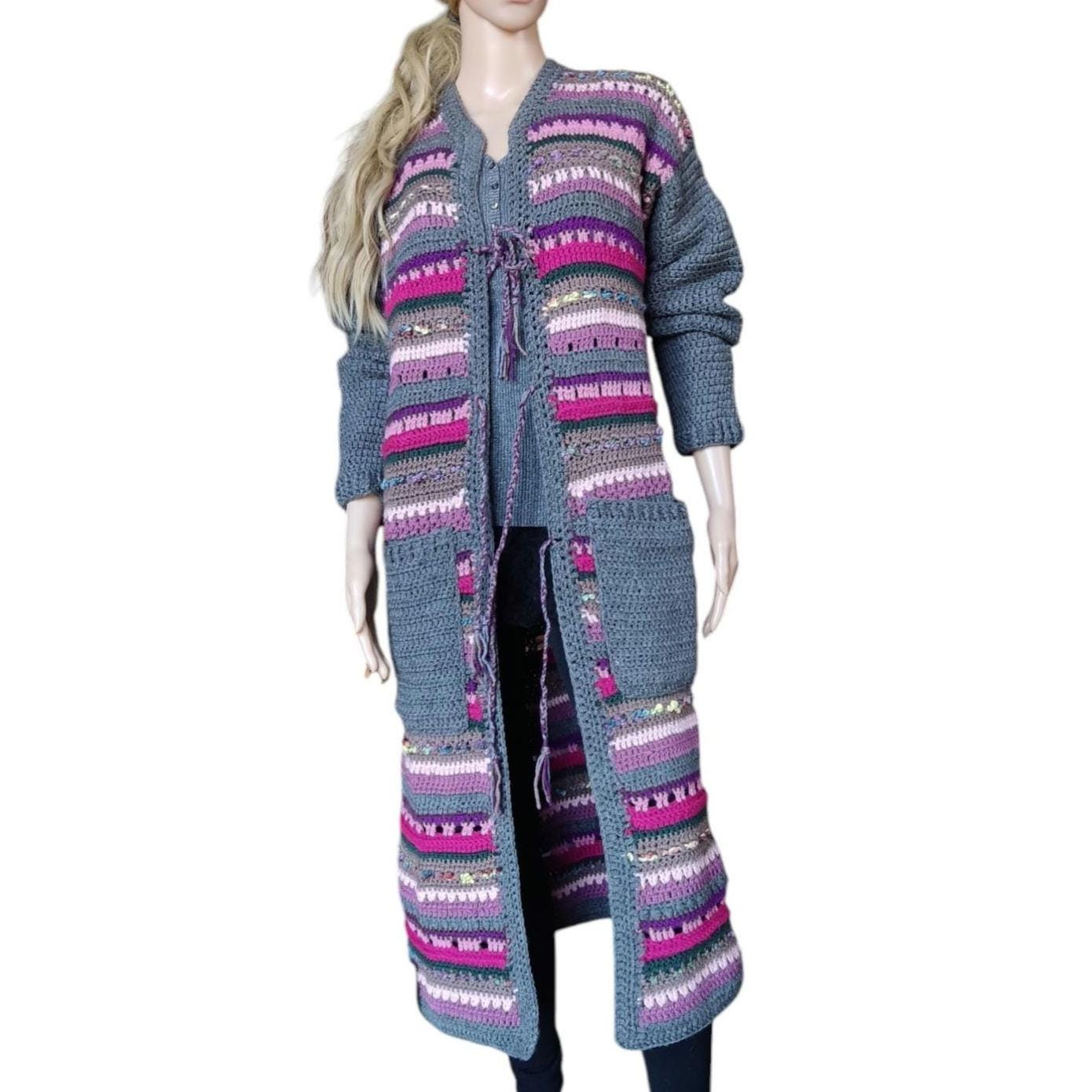 Crochet Duster Cardigan - Gray Purple Pink Striped Long Jacket