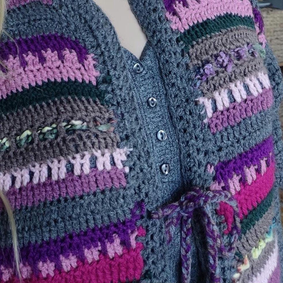 Crochet Duster Cardigan - Gray Purple Pink Striped Long Jacket