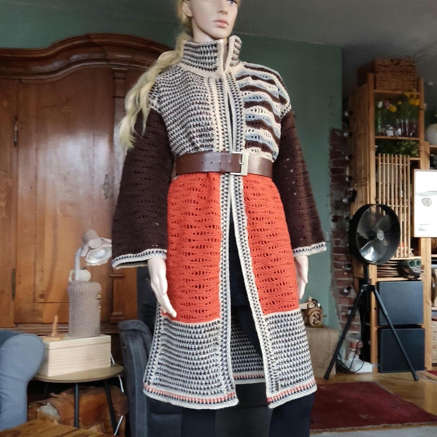 Boho Crochet Cardigan - Brown Orange Striped Long Jacket for Women