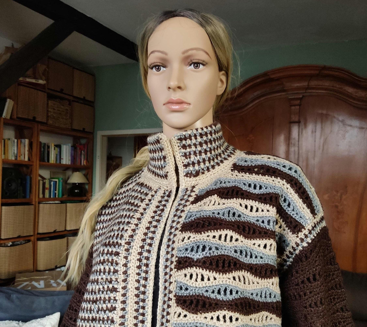 Boho Crochet Cardigan - Brown Orange Striped Long Jacket for Women
