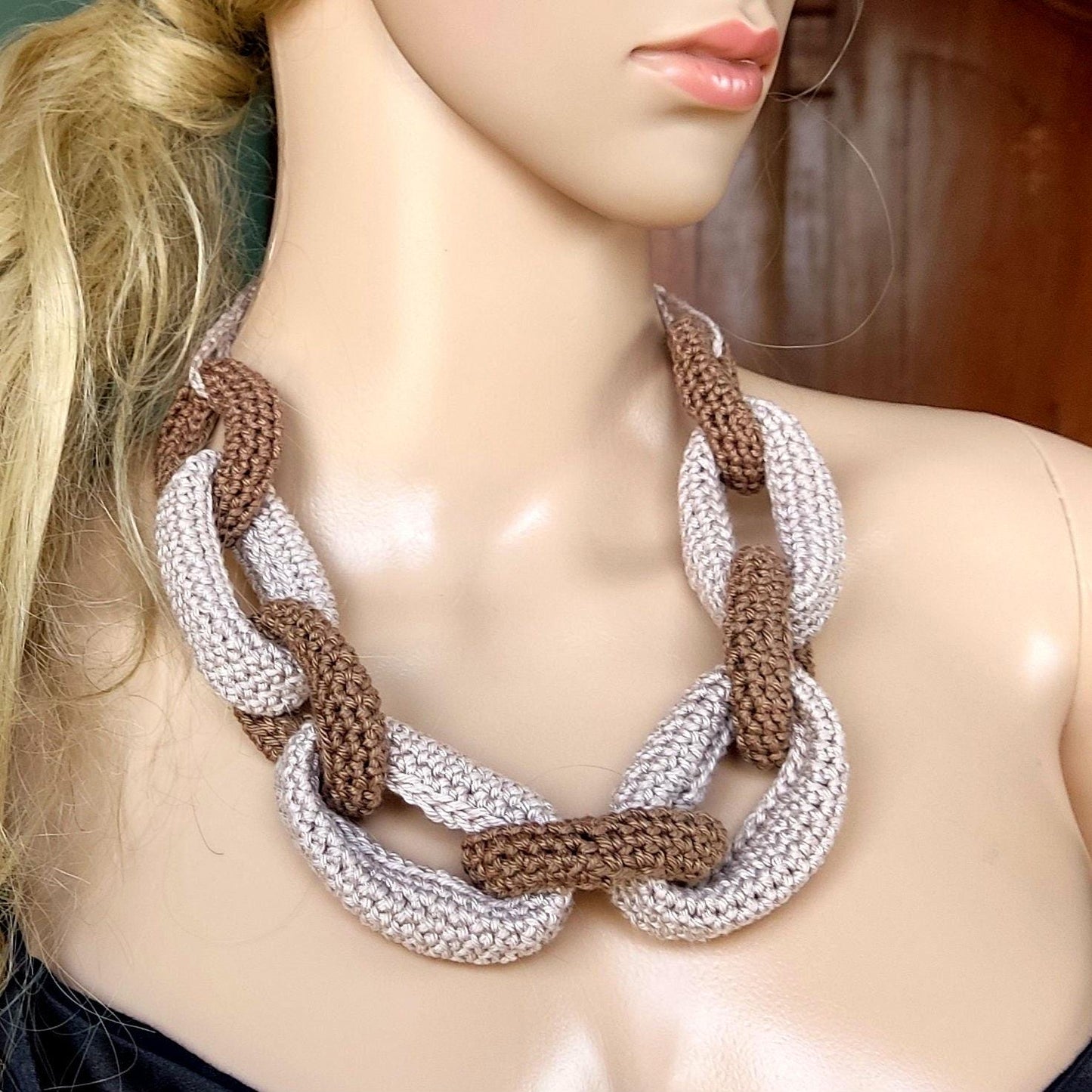 Brown & Beige Chunky Crochet Statement Necklace - Handmade Braided Cotton Chain Jewelry