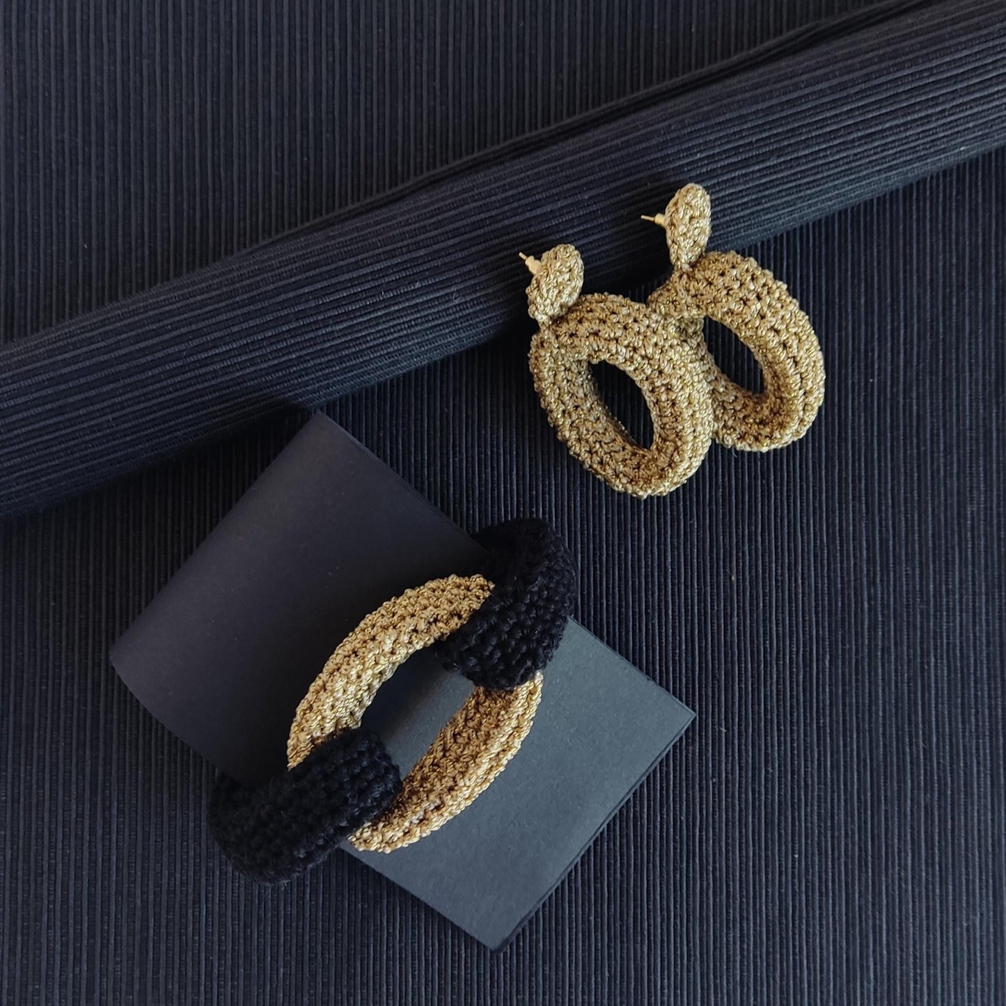 Black & Gold Braided Crochet Cuff Bracelet - Chunky Statement Jewelry