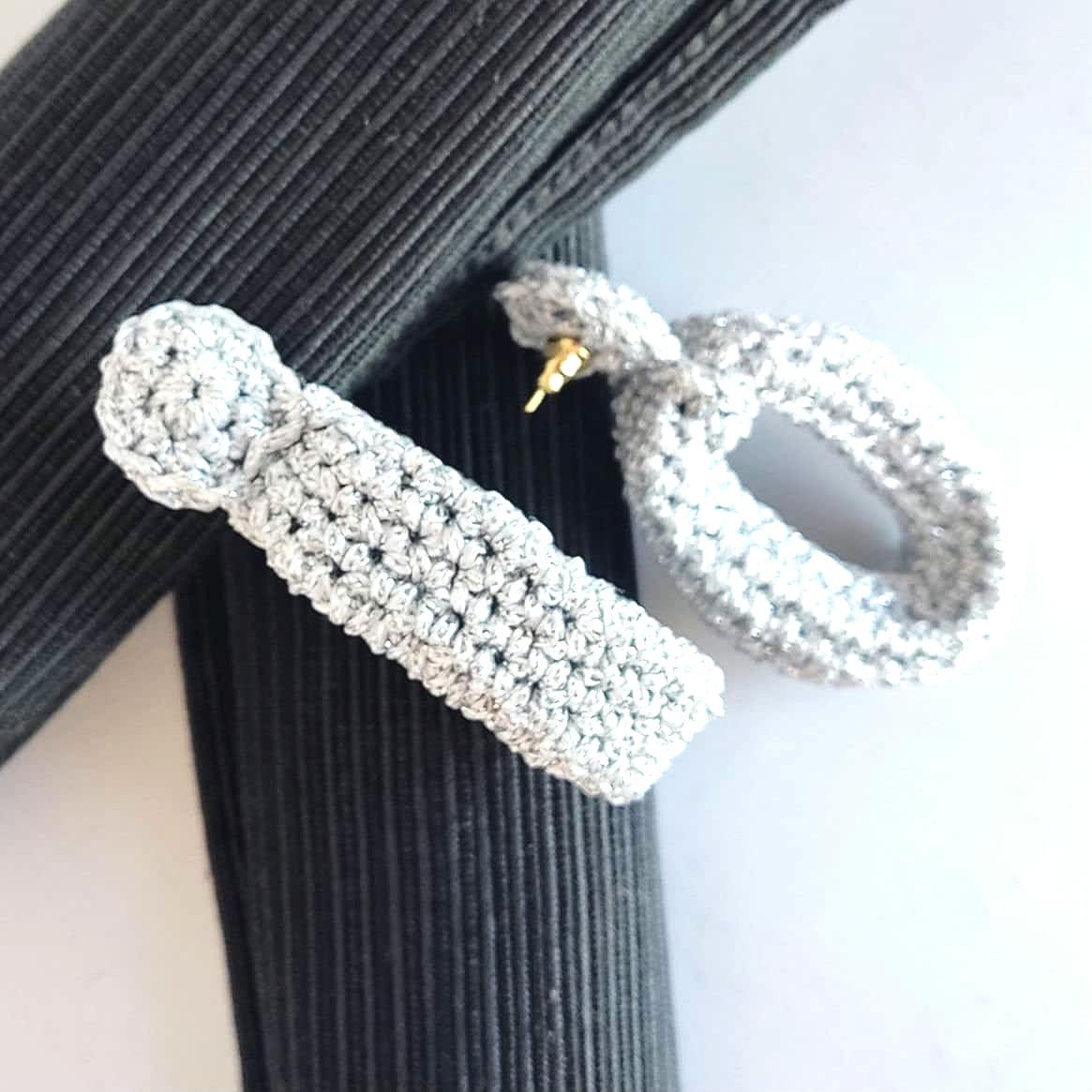 Silver Crochet Statement Earrings: Gold Plated Studs, Metallic Yarn