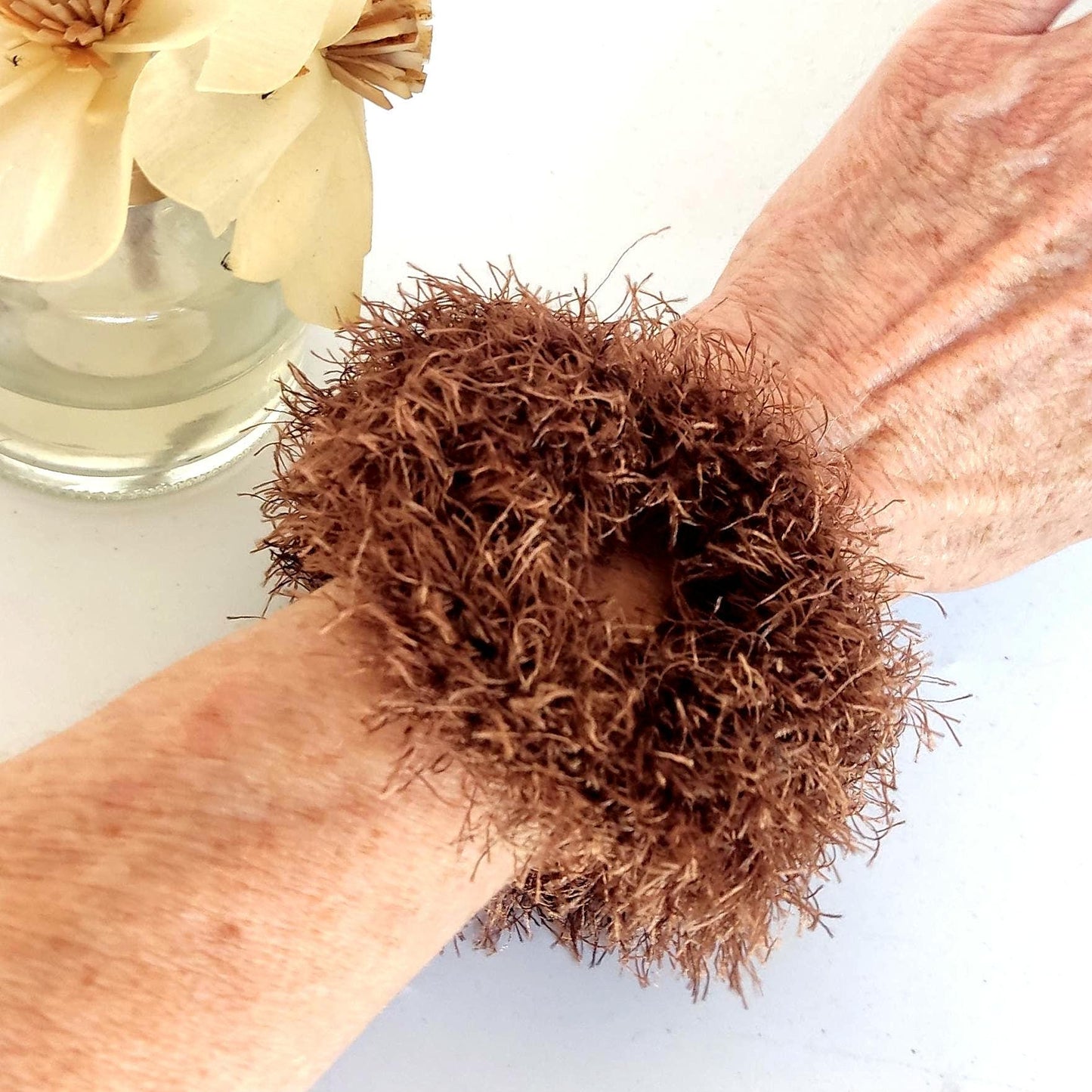 Chunky Crochet Bangle Bracelet: Faux Fur Cuff Bracelet