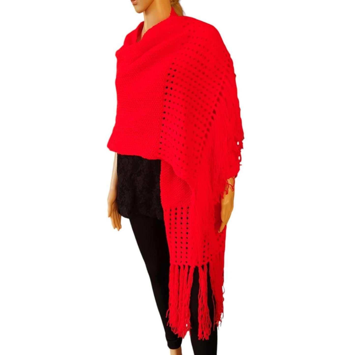 Langer, gestrickter Schal mit Fransen, einzigartiges, modisches Boho-Rot, kuschelig weich, übergroßer Schal, Roter Strick-Franzen-Schal