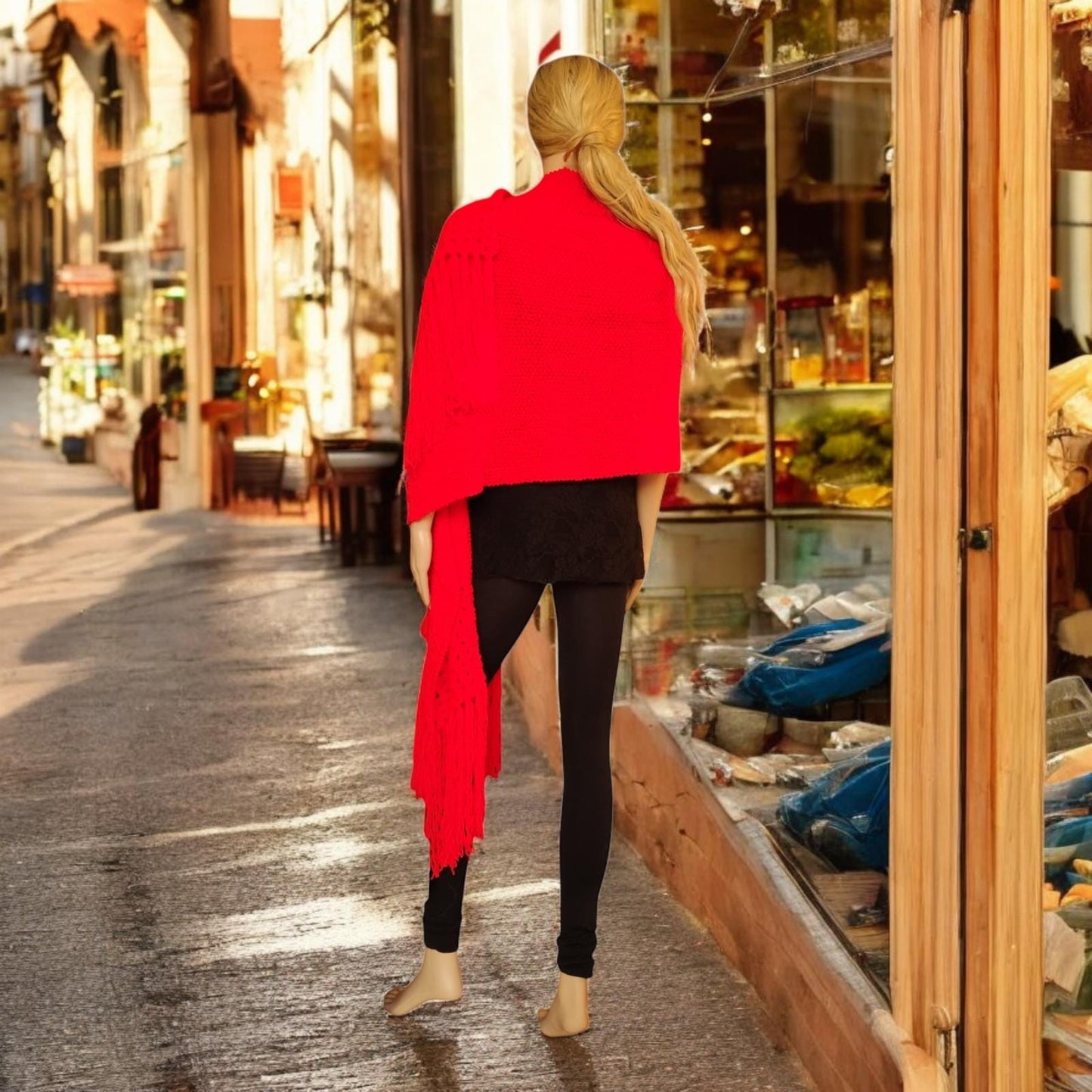 Langer, gestrickter Schal mit Fransen, einzigartiges, modisches Boho-Rot, kuschelig weich, übergroßer Schal, Roter Strick-Franzen-Schal