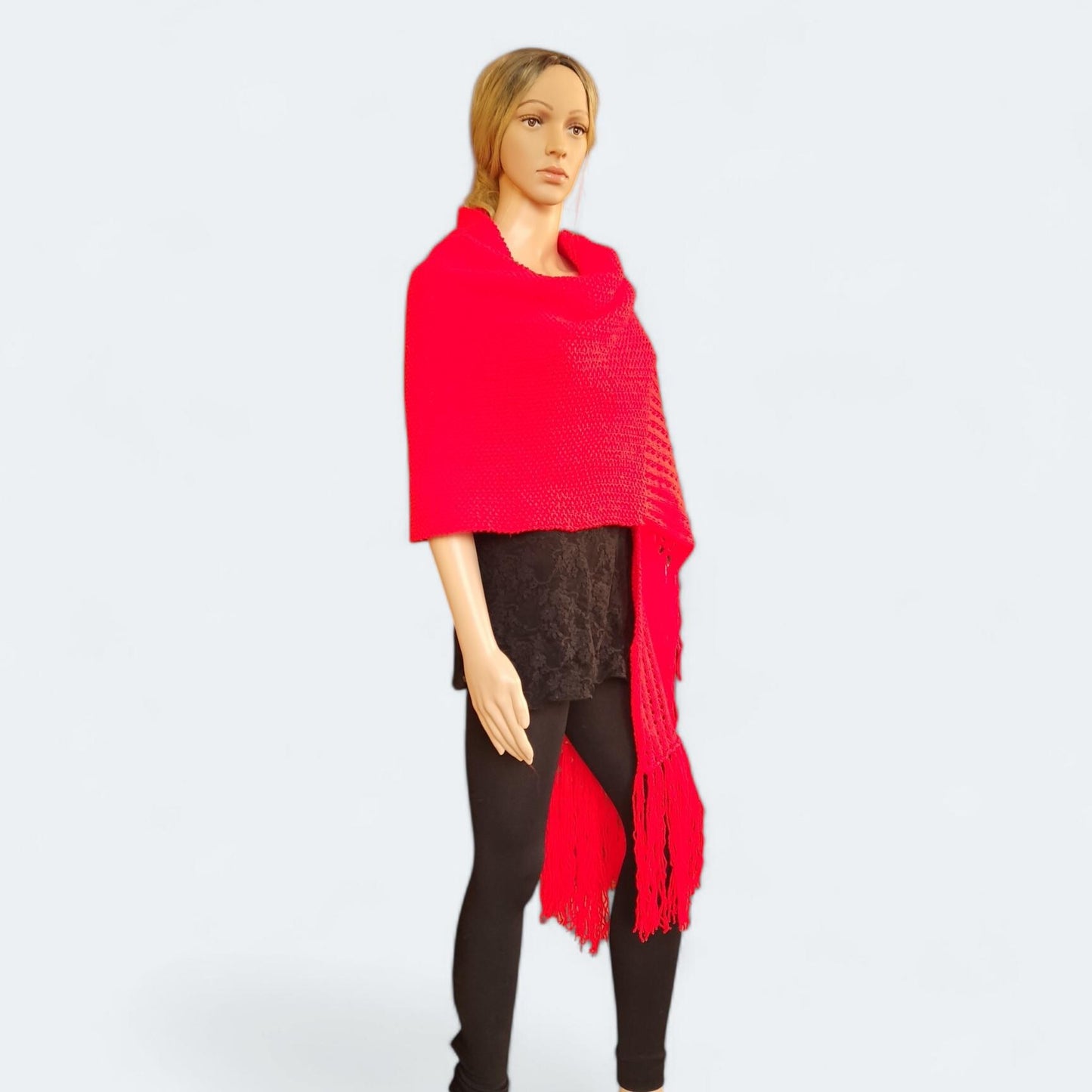 Langer, gestrickter Schal mit Fransen, einzigartiges, modisches Boho-Rot, kuschelig weich, übergroßer Schal, Roter Strick-Franzen-Schal