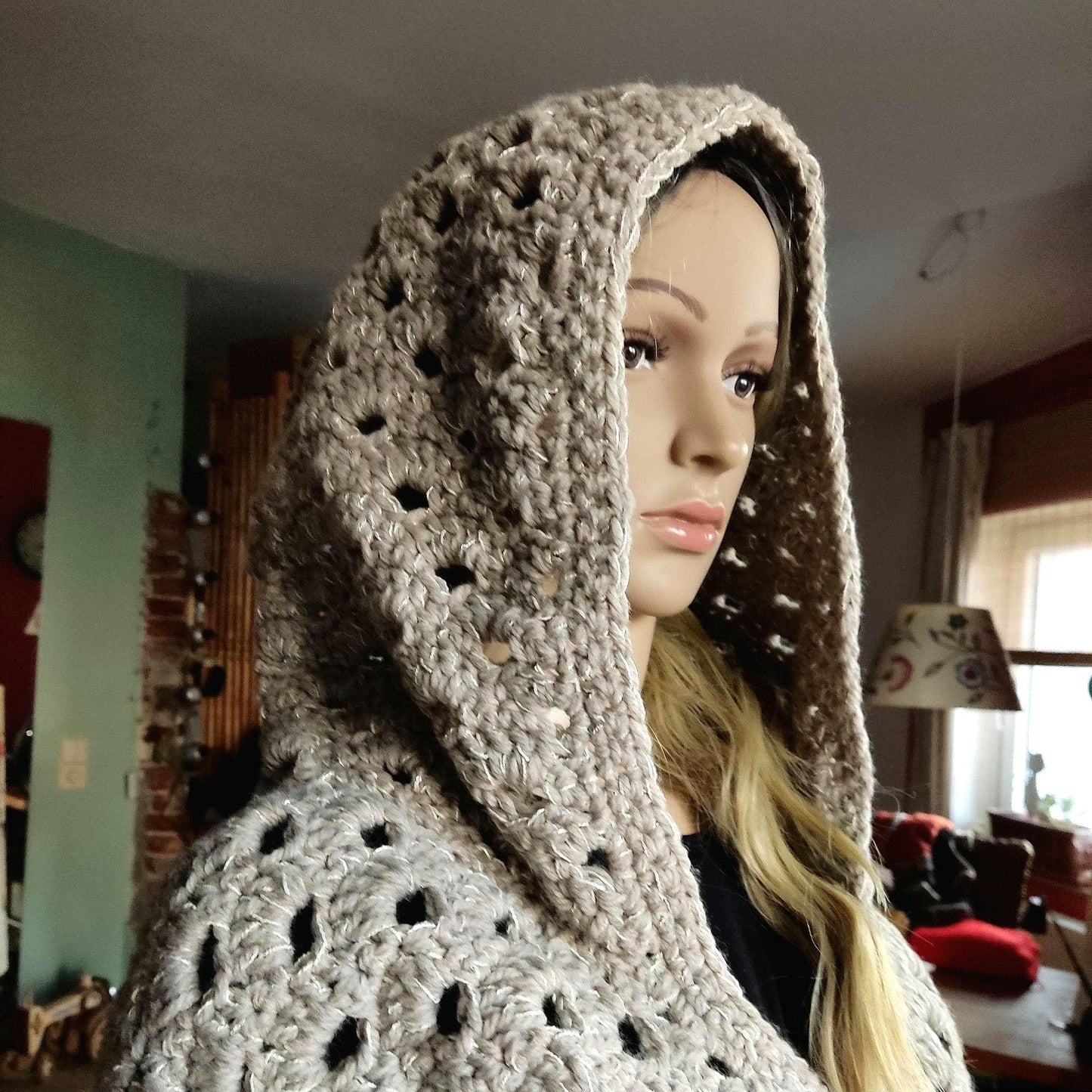 Gray Sequin Hooded Cardigan - Chunky Crochet Belted Jacket for Women