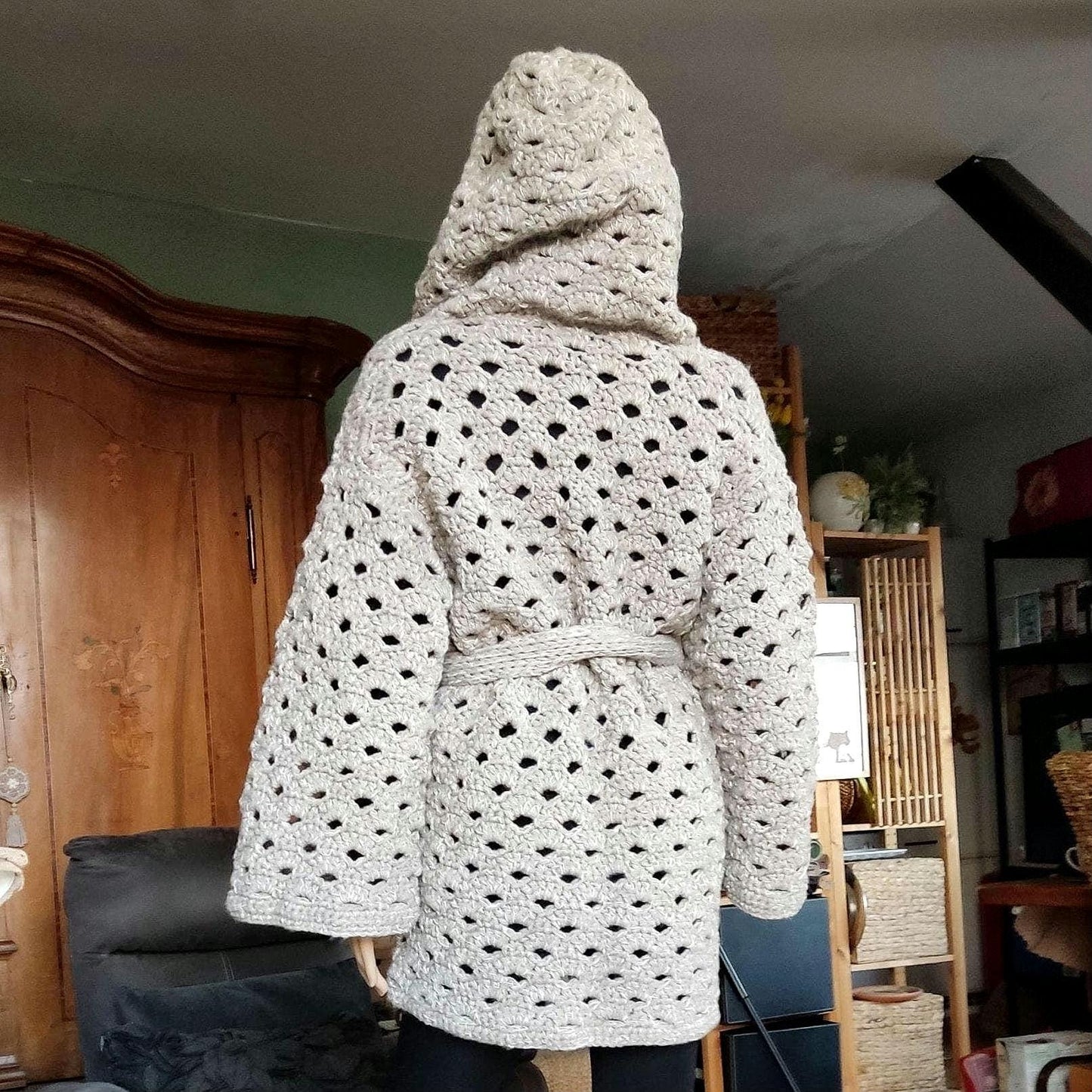 Gray Sequin Hooded Cardigan - Chunky Crochet Belted Jacket for Women