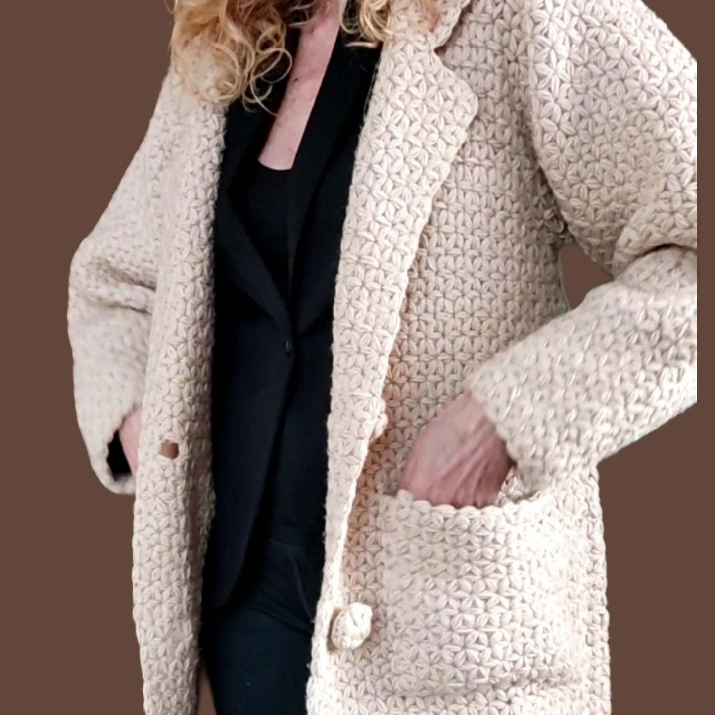 Grobstrick-Strickjacke, beigefarbene Häkeljacke für Damen, minimalistischer langer Häkelmantel für Damen, modischer langer Häkelmantel