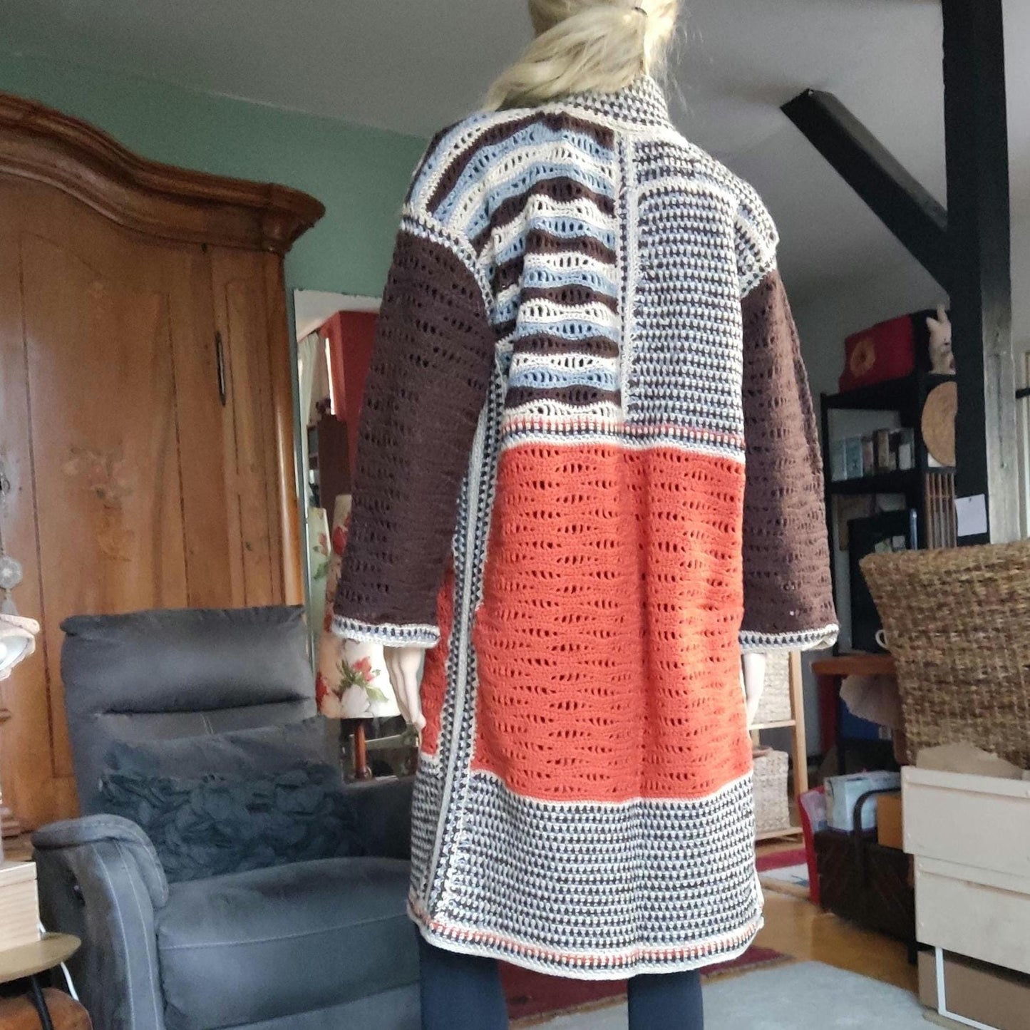 Boho Crochet Cardigan - Brown Orange Striped Long Jacket for Women