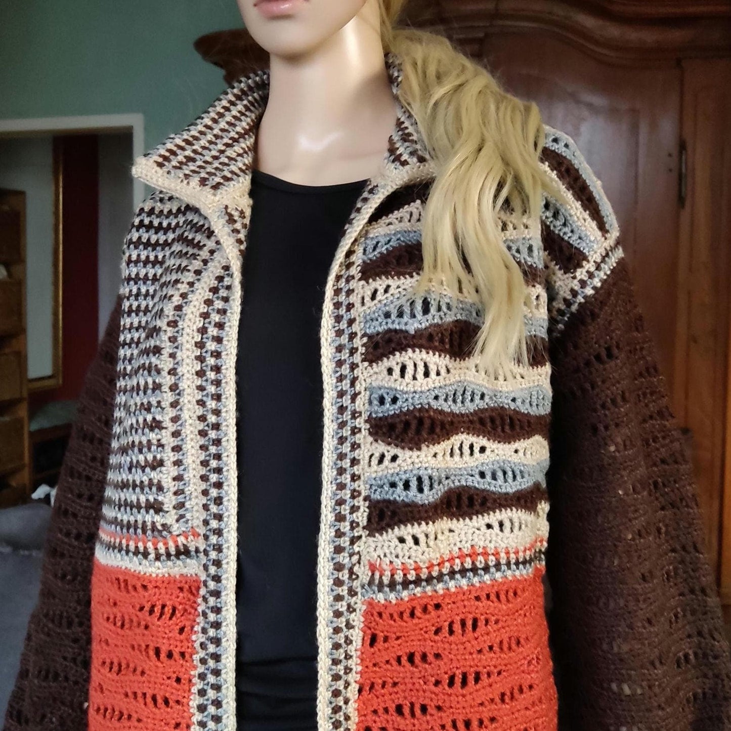 Boho Crochet Cardigan - Brown Orange Striped Long Jacket for Women