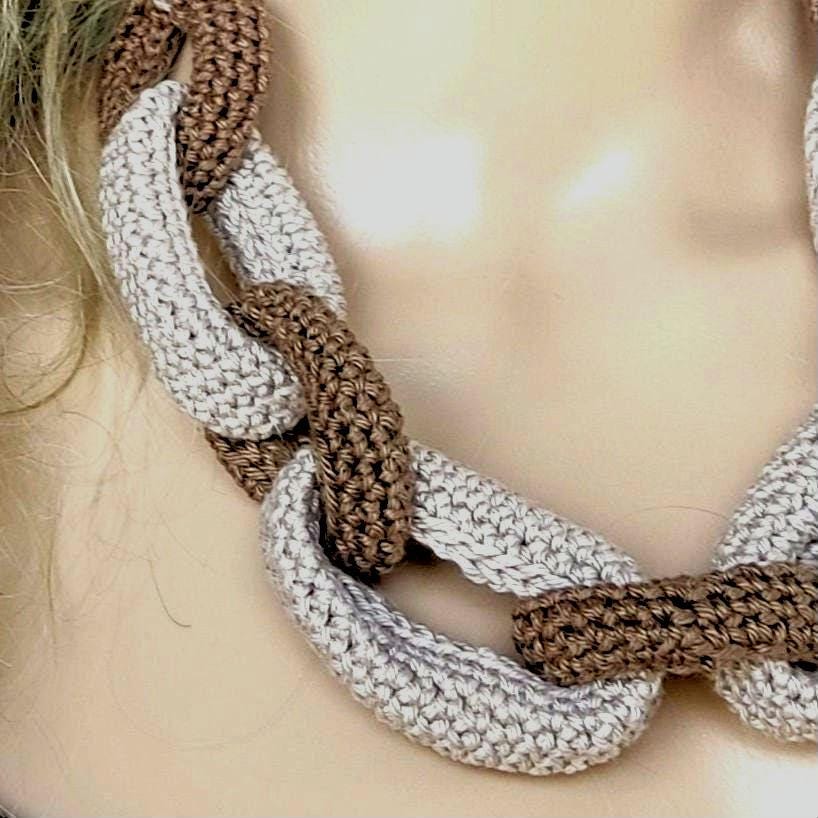 Brown & Beige Chunky Crochet Statement Necklace - Handmade Braided Cotton Chain Jewelry