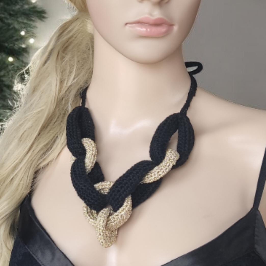 Black & Gold Braided Crochet Cuff Bracelet - Chunky Statement Jewelry