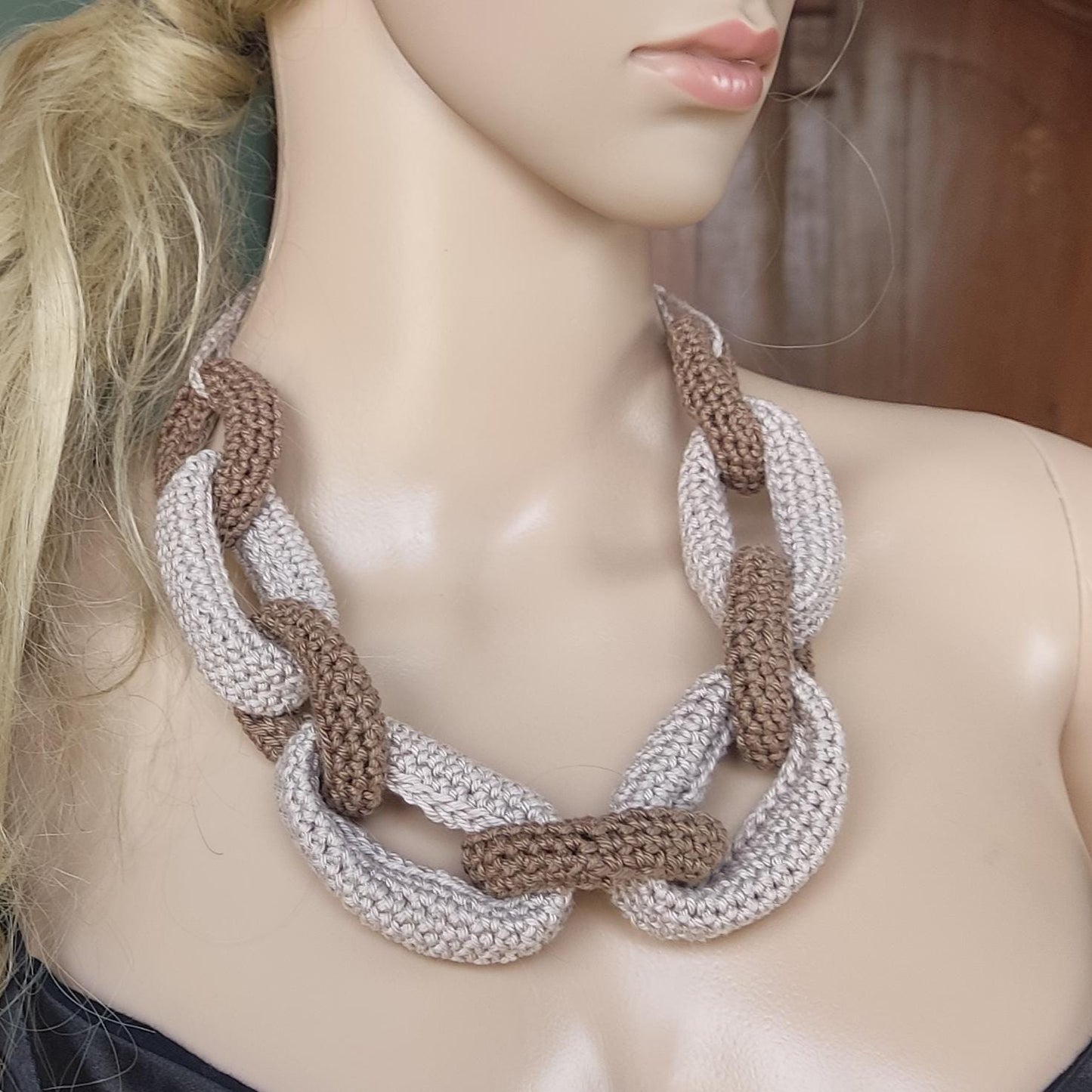 Gray Green Braided Crochet Cuff Bracelet - Chunky Statement Jewelry