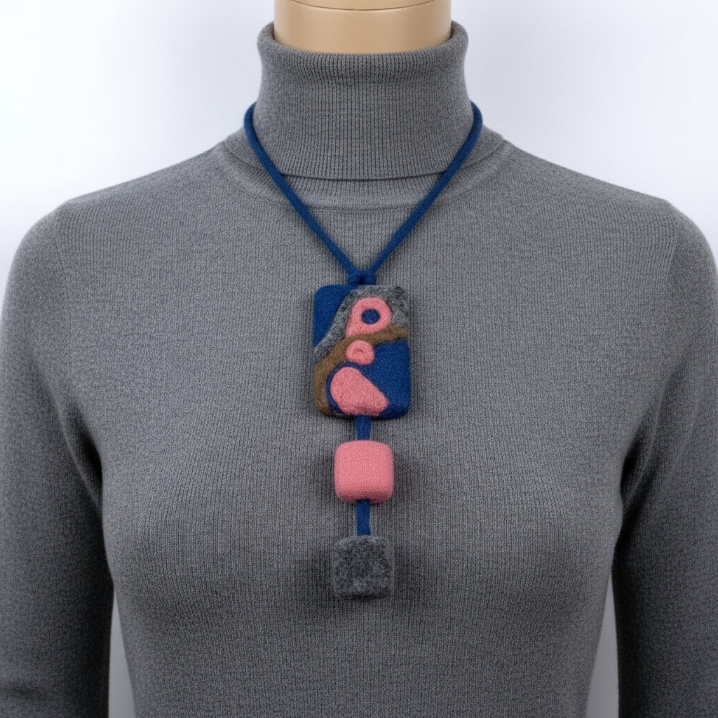 Boho Needle Felted Necklace: Abstract Blue & Pink Pendant