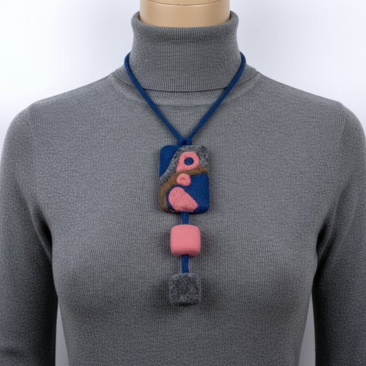 Boho Needle Felted Necklace: Abstract Blue & Pink Pendant