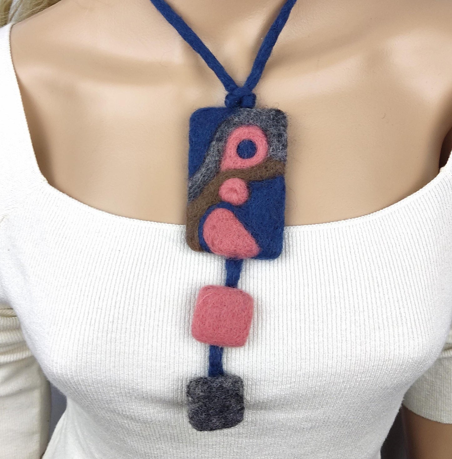 Boho Needle Felted Necklace: Abstract Blue & Pink Pendant