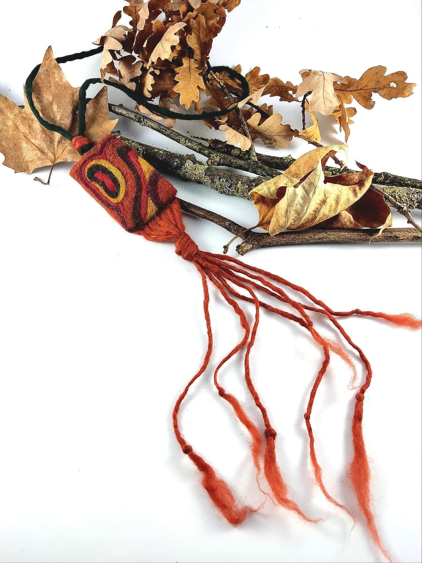 Needle Felted Boho Necklace: Brown, Yellow, Green Tassel Pendant