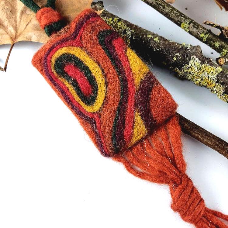 Needle Felted Boho Necklace: Brown, Yellow, Green Tassel Pendant