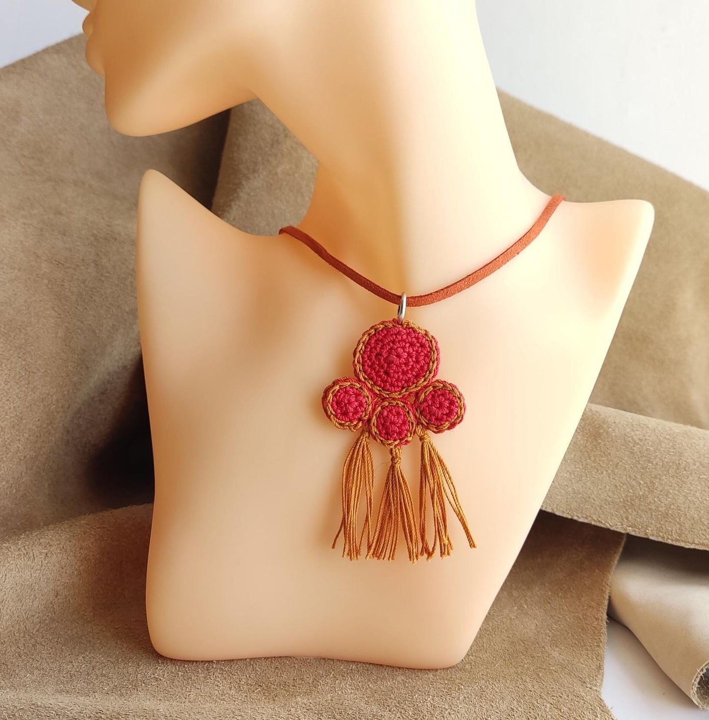Red & Copper Brown Crochet Pendant Necklace - Ancient Greek Jewelry Inspired -Cord with Leather Strap
