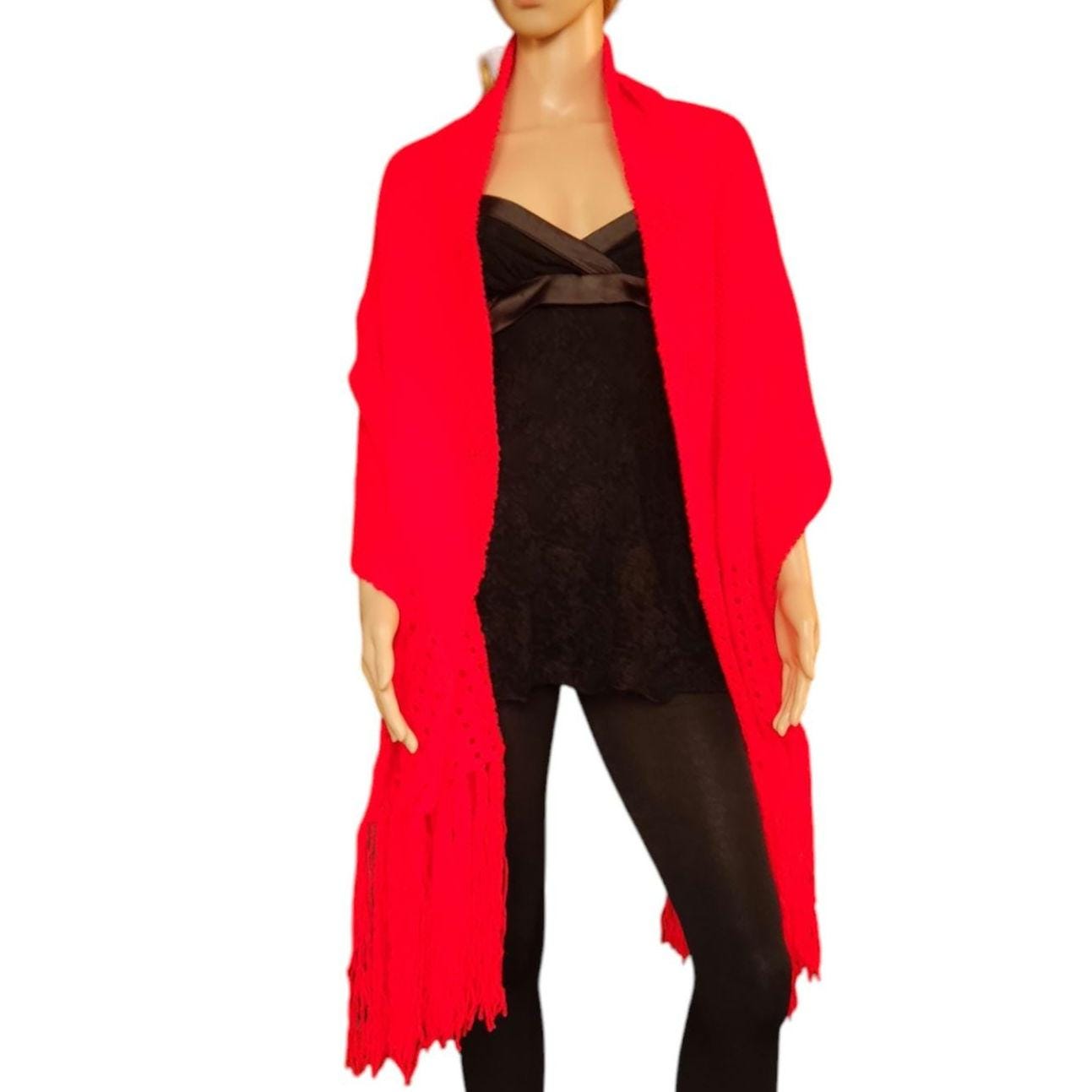 Langer, gestrickter Schal mit Fransen, einzigartiges, modisches Boho-Rot, kuschelig weich, übergroßer Schal, Roter Strick-Franzen-Schal