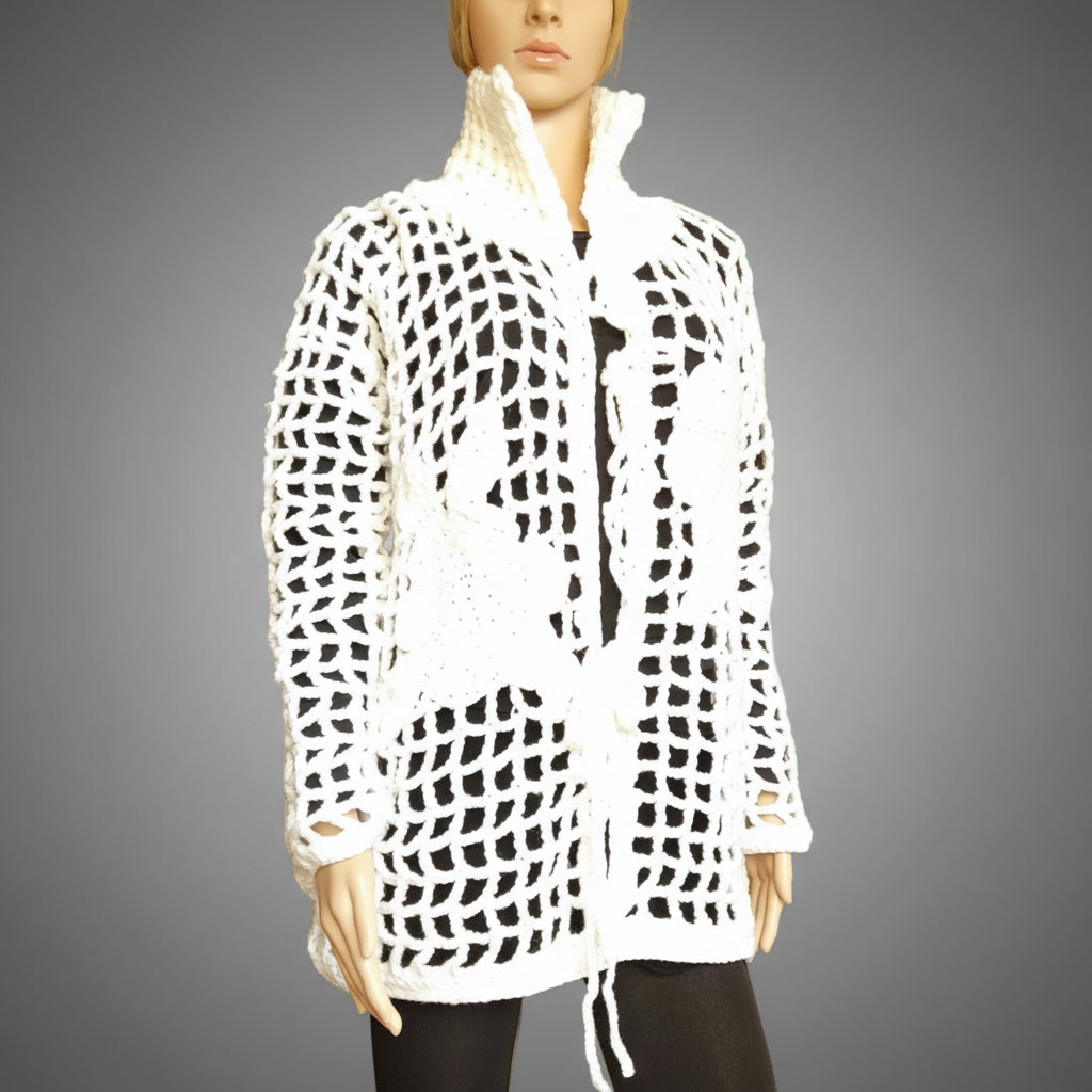 Oversized Crochet Cardigan with Flowers: Elegant White Wool Top for Women