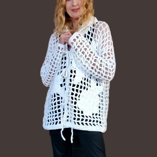 Oversized Crochet Cardigan with Flowers: Elegant White Wool Top for Women