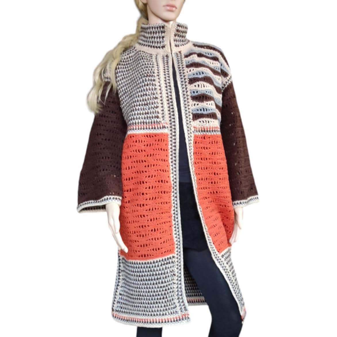 Boho Crochet Cardigan - Brown Orange Striped Long Jacket for Women