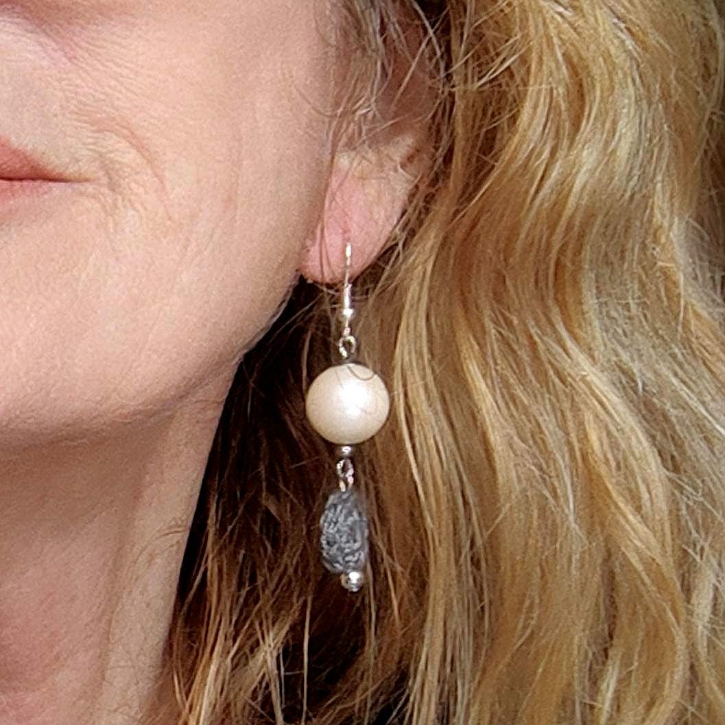 Crochet Pearl Drop Earrings: Gray Boho Dangle Earrings