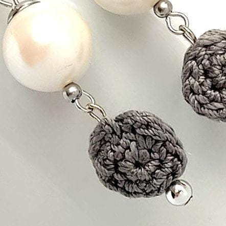Crochet Pearl Drop Earrings: Gray Boho Dangle Earrings