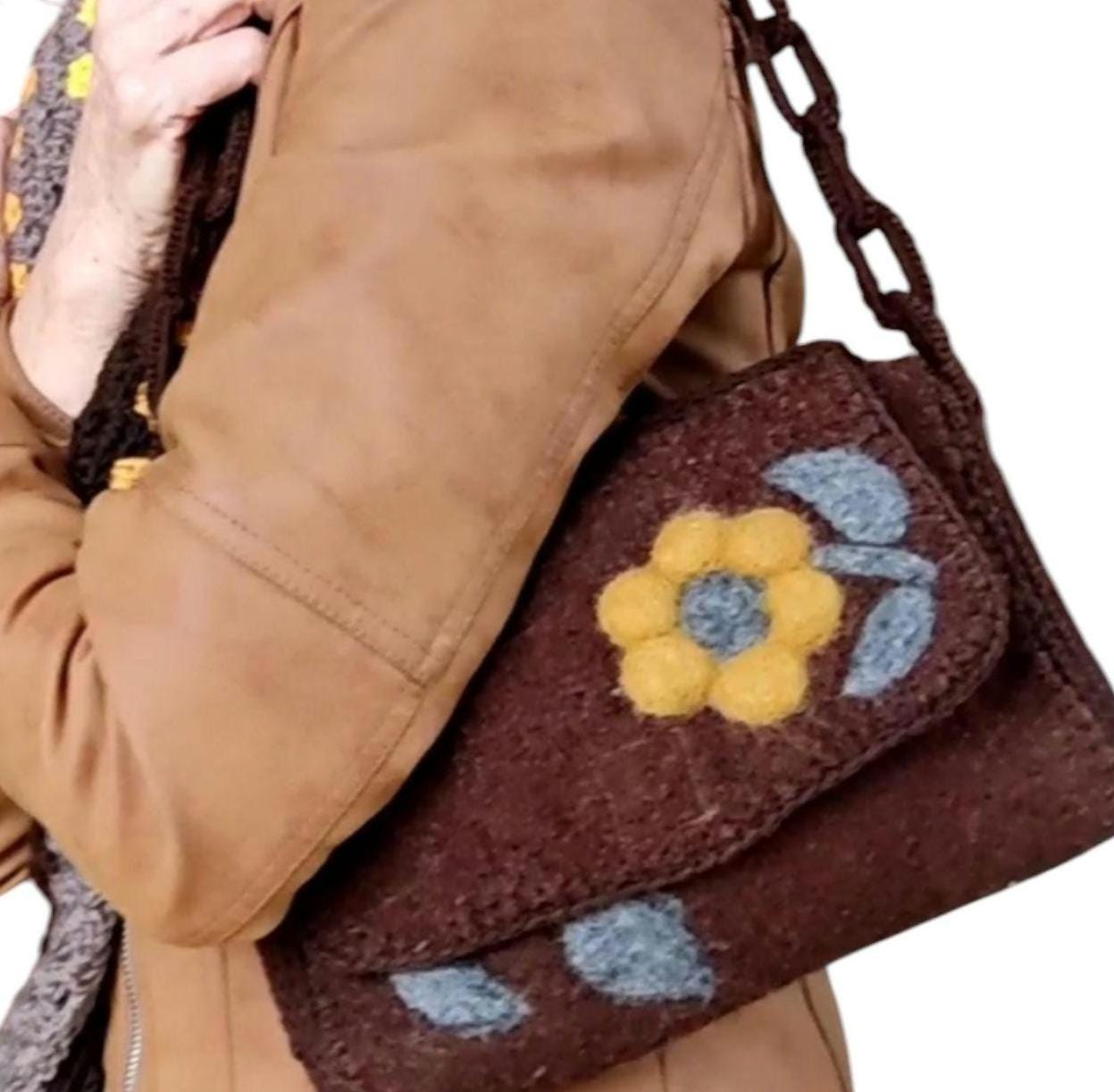 Felted Wool Handbag: Crocheted Chain, Mustard Yellow Daisy