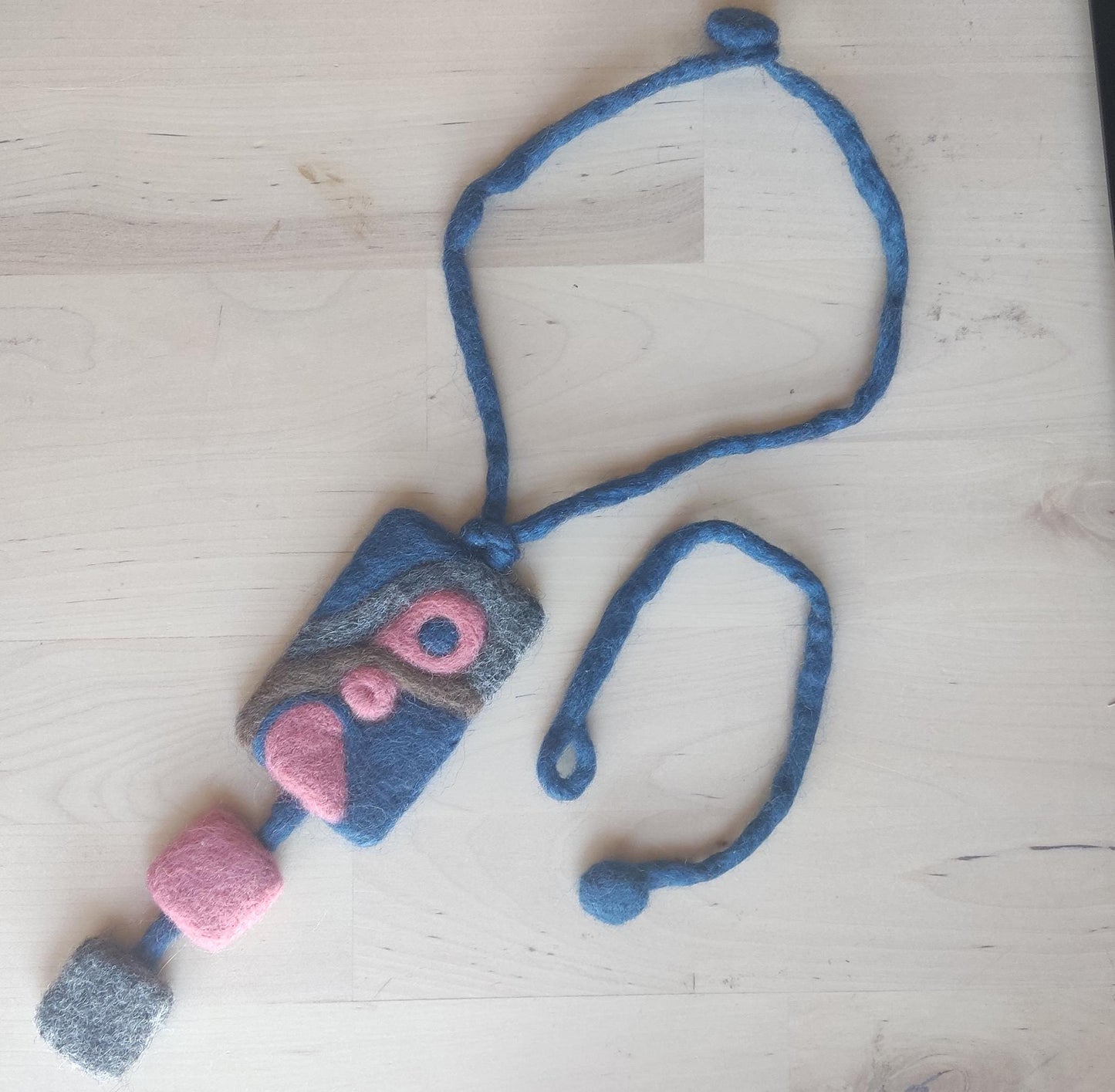 Boho Needle Felted Necklace: Abstract Blue & Pink Pendant