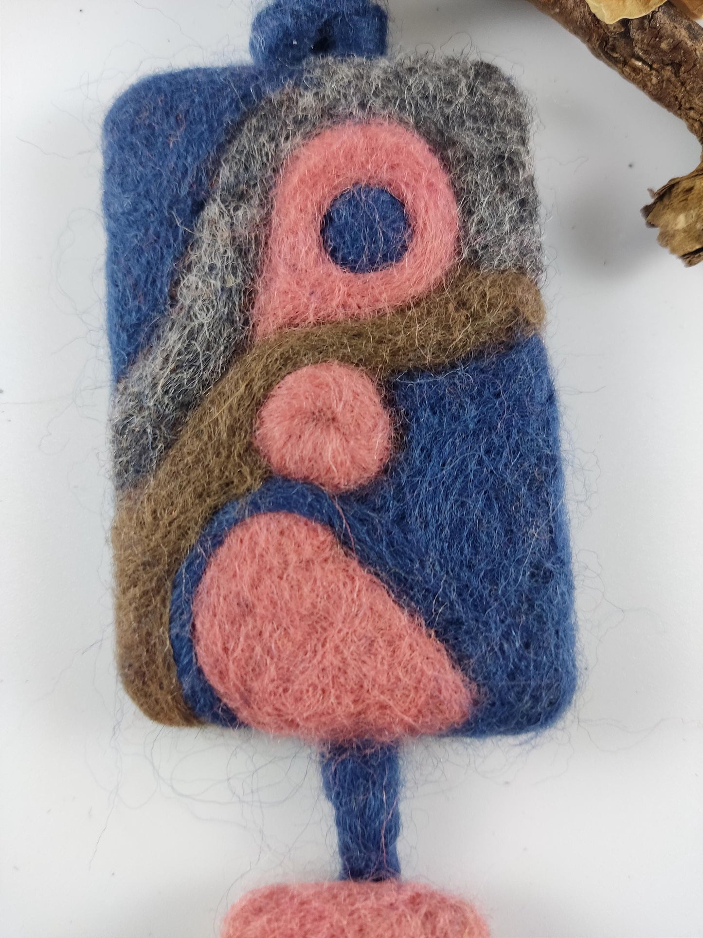 Boho Needle Felted Necklace: Abstract Blue & Pink Pendant