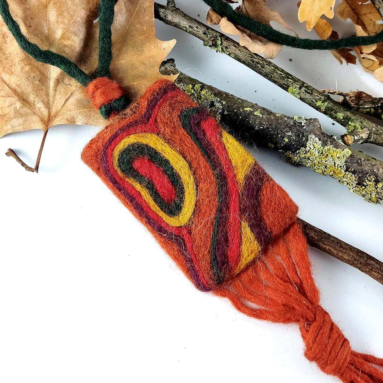 Needle Felted Boho Necklace: Brown, Yellow, Green Tassel Pendant