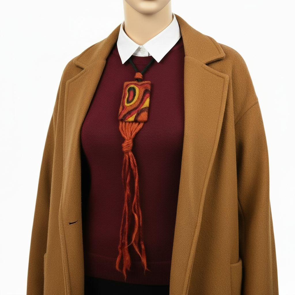 Needle Felted Boho Necklace: Brown, Yellow, Green Tassel Pendant