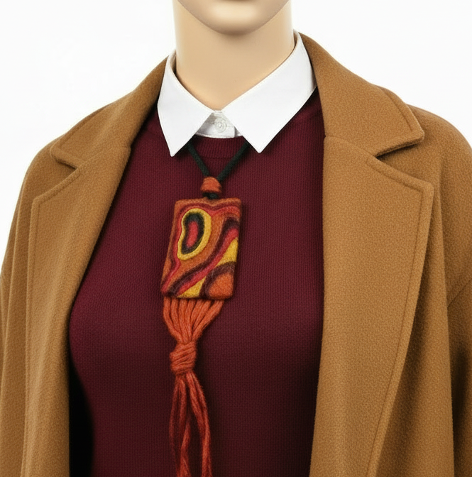 Needle Felted Boho Necklace: Brown, Yellow, Green Tassel Pendant