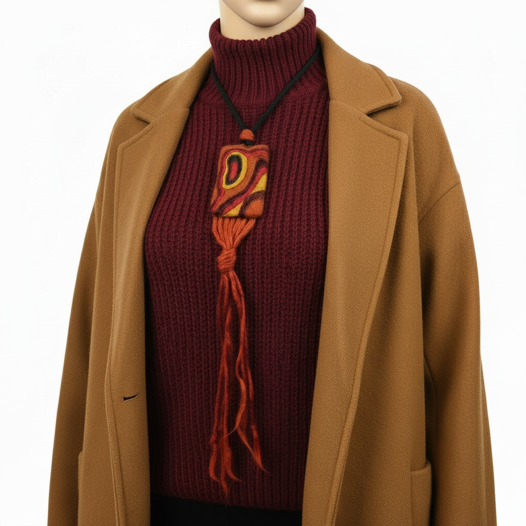 Needle Felted Boho Necklace: Brown, Yellow, Green Tassel Pendant