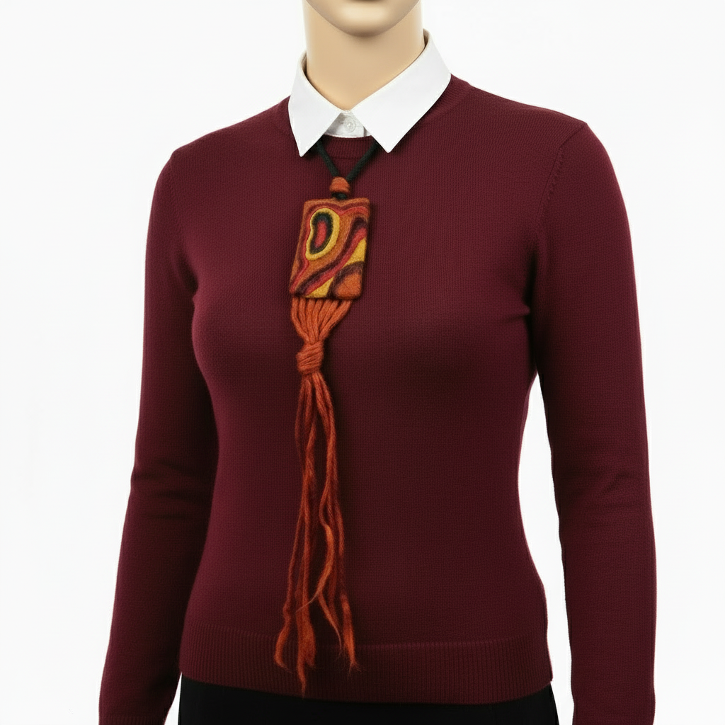 Needle Felted Boho Necklace: Brown, Yellow, Green Tassel Pendant