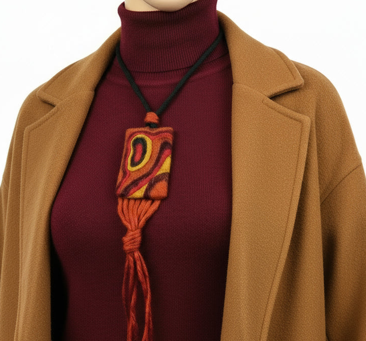 Needle Felted Boho Necklace: Brown, Yellow, Green Tassel Pendant