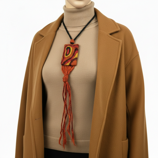 Needle Felted Boho Necklace: Brown, Yellow, Green Tassel Pendant