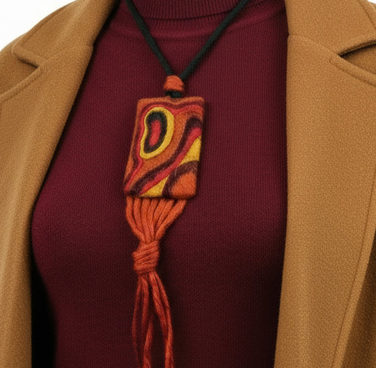 Needle Felted Boho Necklace: Brown, Yellow, Green Tassel Pendant