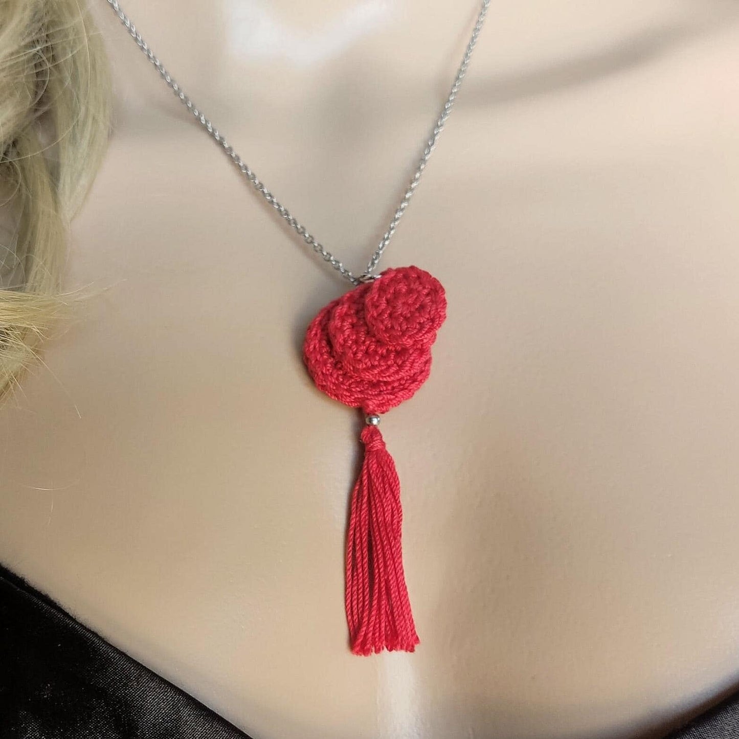 Red Crochet Pendant Necklace - Handmade Boho Tassel Statement Jewelry
