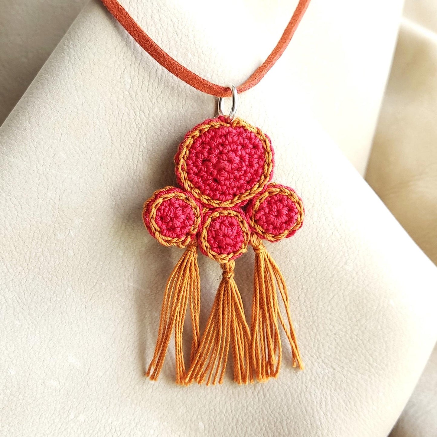 Red & Copper Brown Crochet Pendant Necklace - Ancient Greek Jewelry Inspired -Cord with Leather Strap